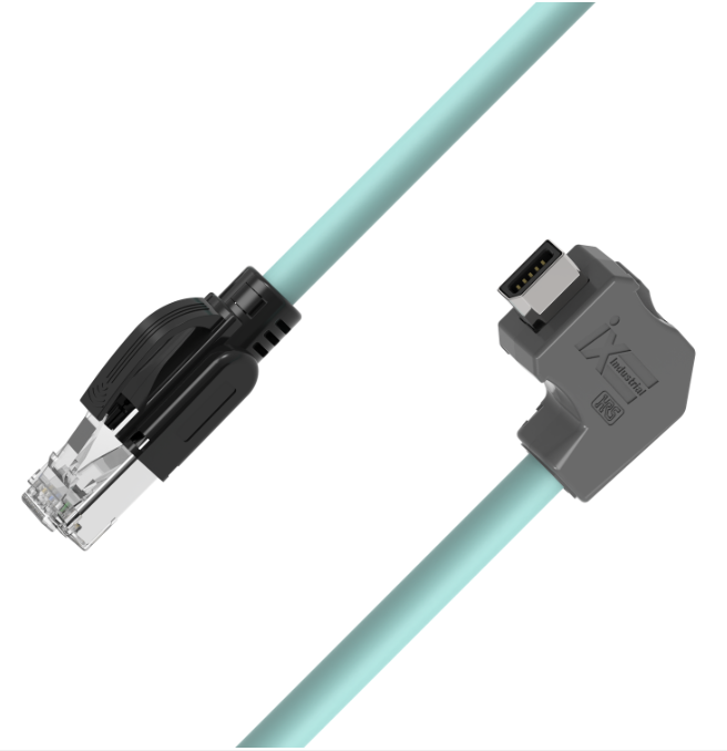 IX Industrial CAT6A Shielded TPE Teal Ethernet Cable – IX A-Key Downward Angled to RJ45 Male