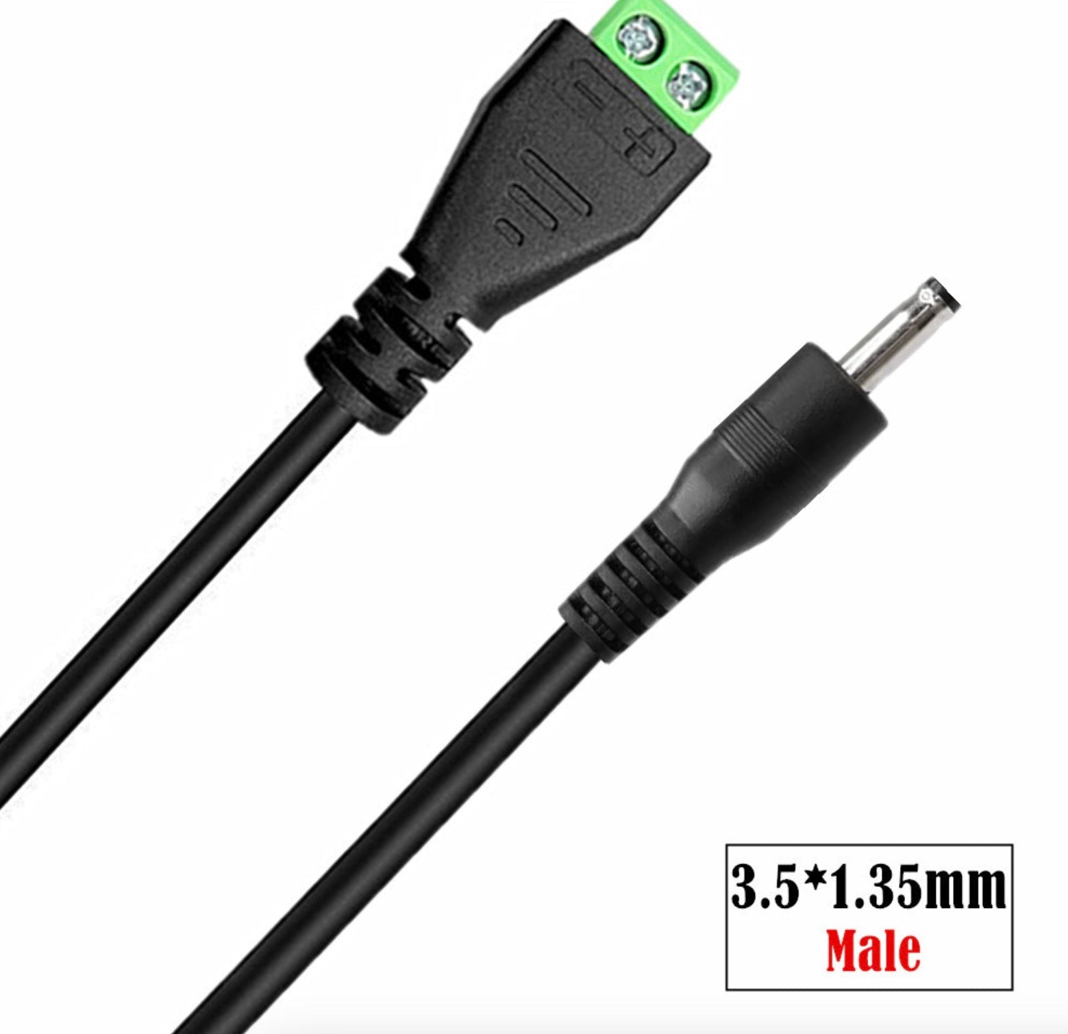Close-up of 3.5mm x 1.35mm male DC power connector and terminal block adapter cable