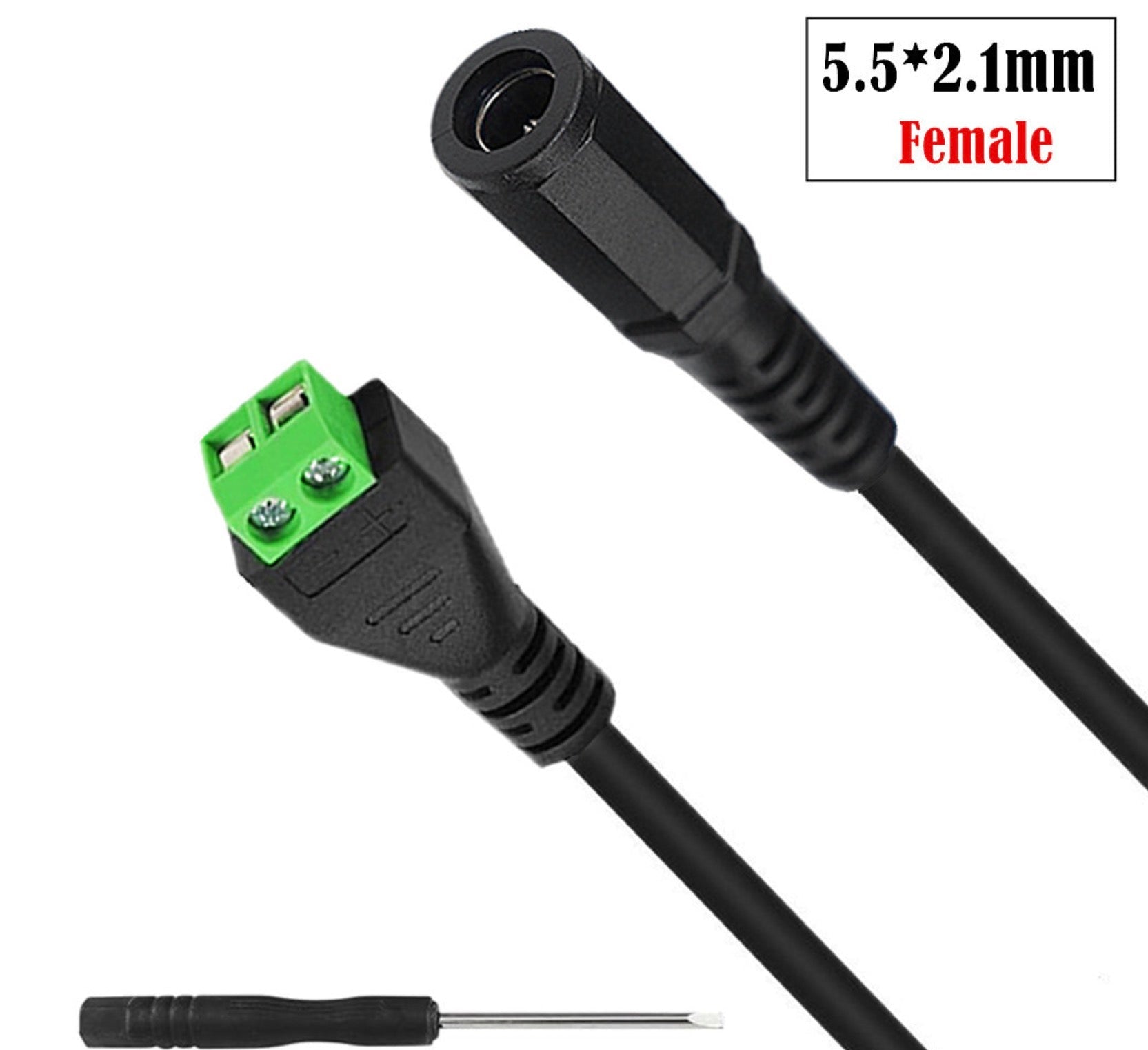 Close-up of 5.5mm x 2.1mm female DC power jack and terminal block connector adapter cable