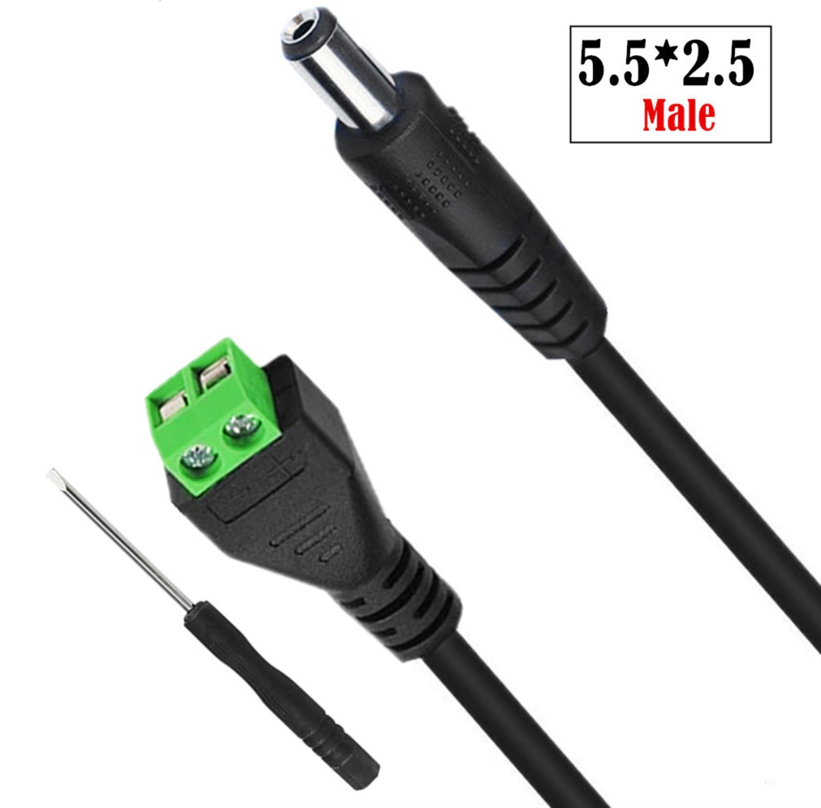 Close-up of 5.5mm x 2.5mm male DC power connector and terminal block adapter cable