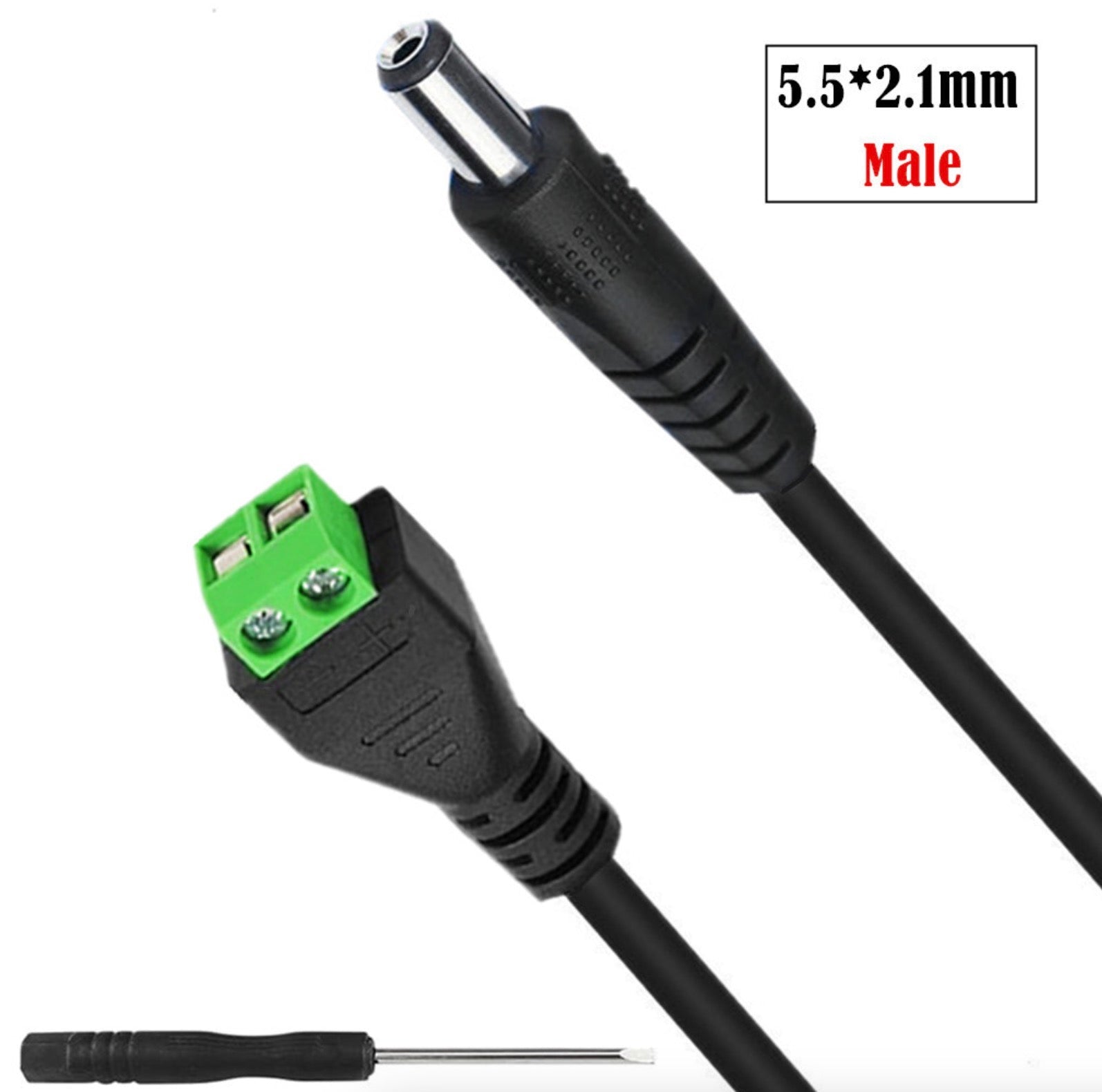 Close-up of 5.5mm x 2.1mm male DC power connector and terminal block adapter cable