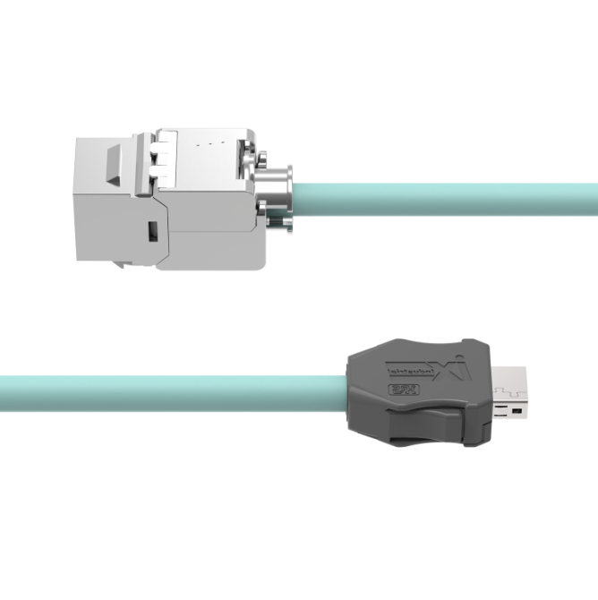 Electrical connector with green cable on a white background