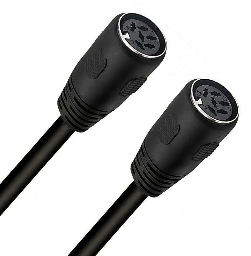Black audio cable with two connectors on a white background