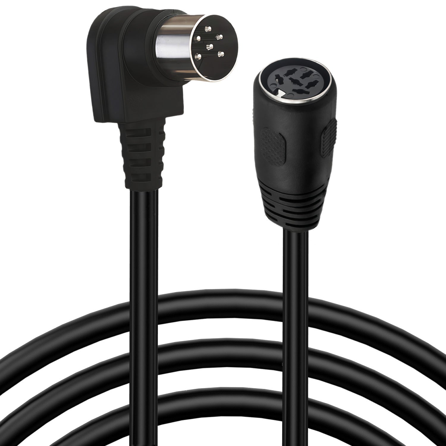 Black audio cable with connectors on a white background
