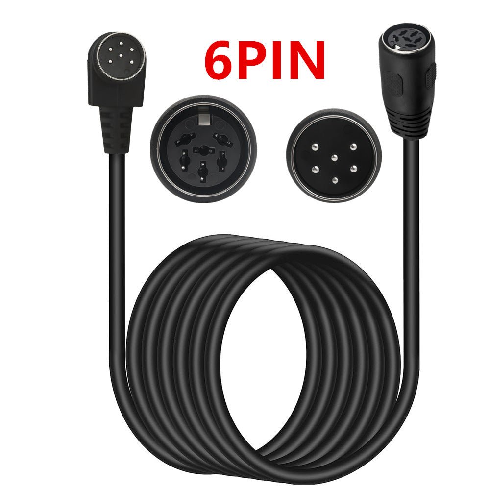 Black 6-pin cable with connectors on a white background