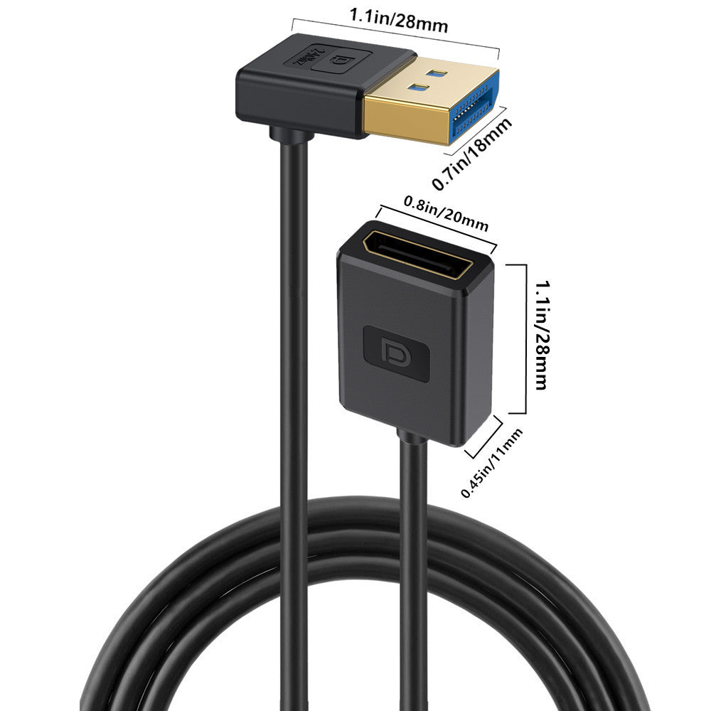 Close-up of 90-degree down-angled DisplayPort 1.4 male connector