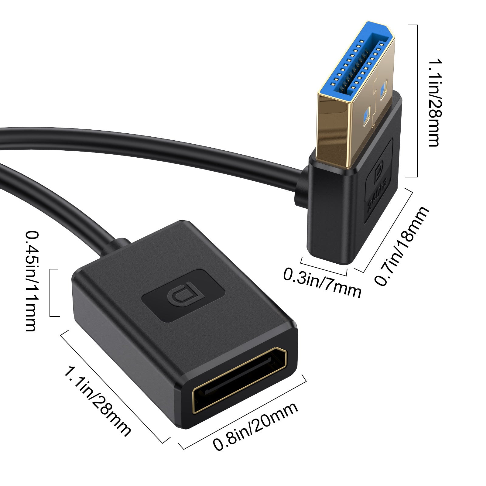 Displayport 1.4 Male to Female Silicone Extension Cable, 8K/60Hz, 4K/240Hz | Up Angle