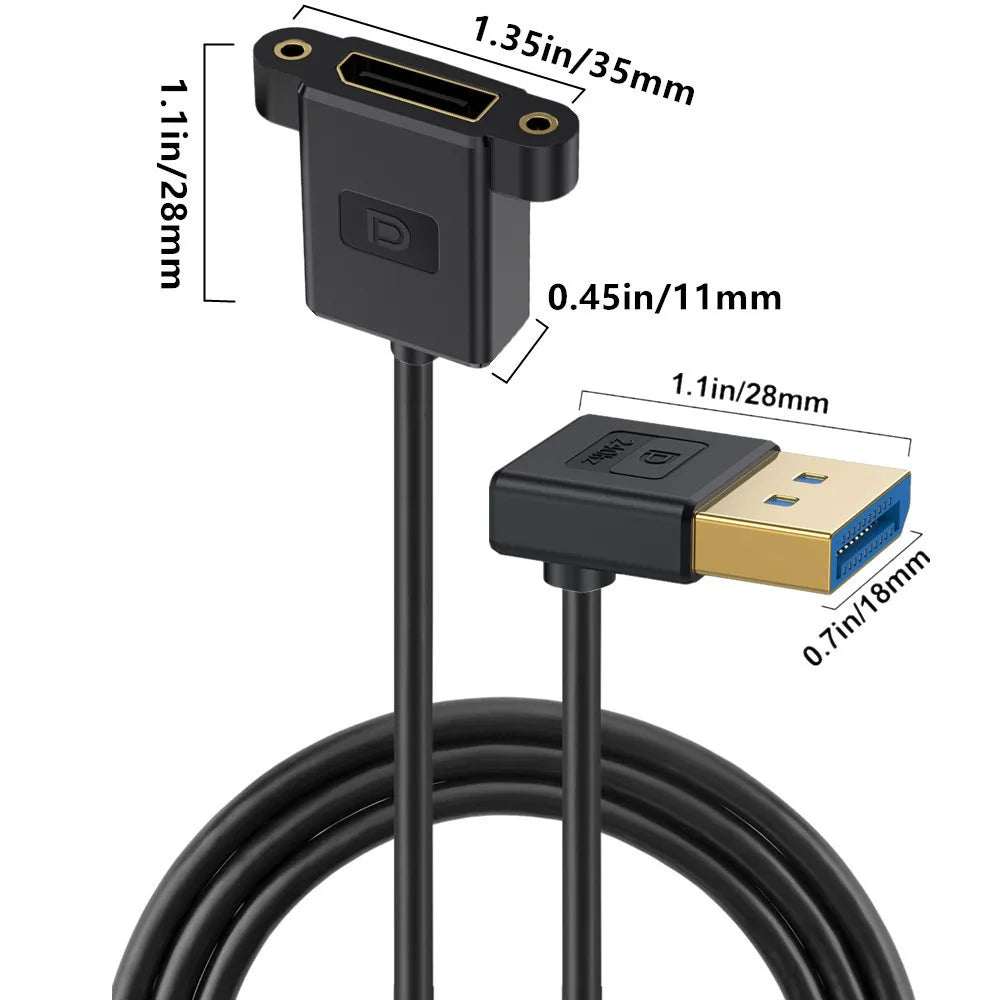 Displayport 1.4 Panel Mount Extension Cable, Ultra-HD DP Male to Female | Silicone 8K/60Hz | Down Angle