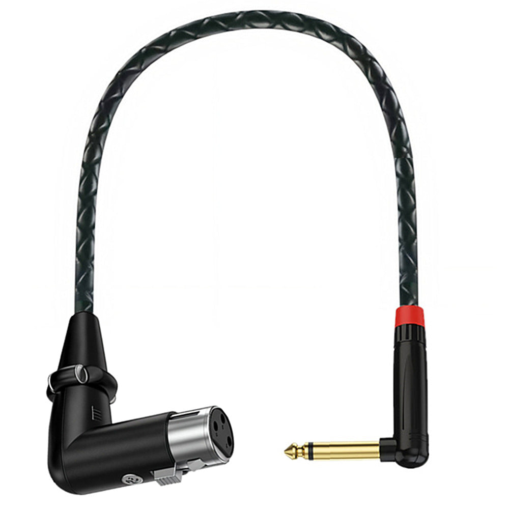 A black braided audio adapter cable with a 1/4-inch XLR connector on one end and a 1/8-inch jack plug on the other, featuring a red accent ring near the plug.