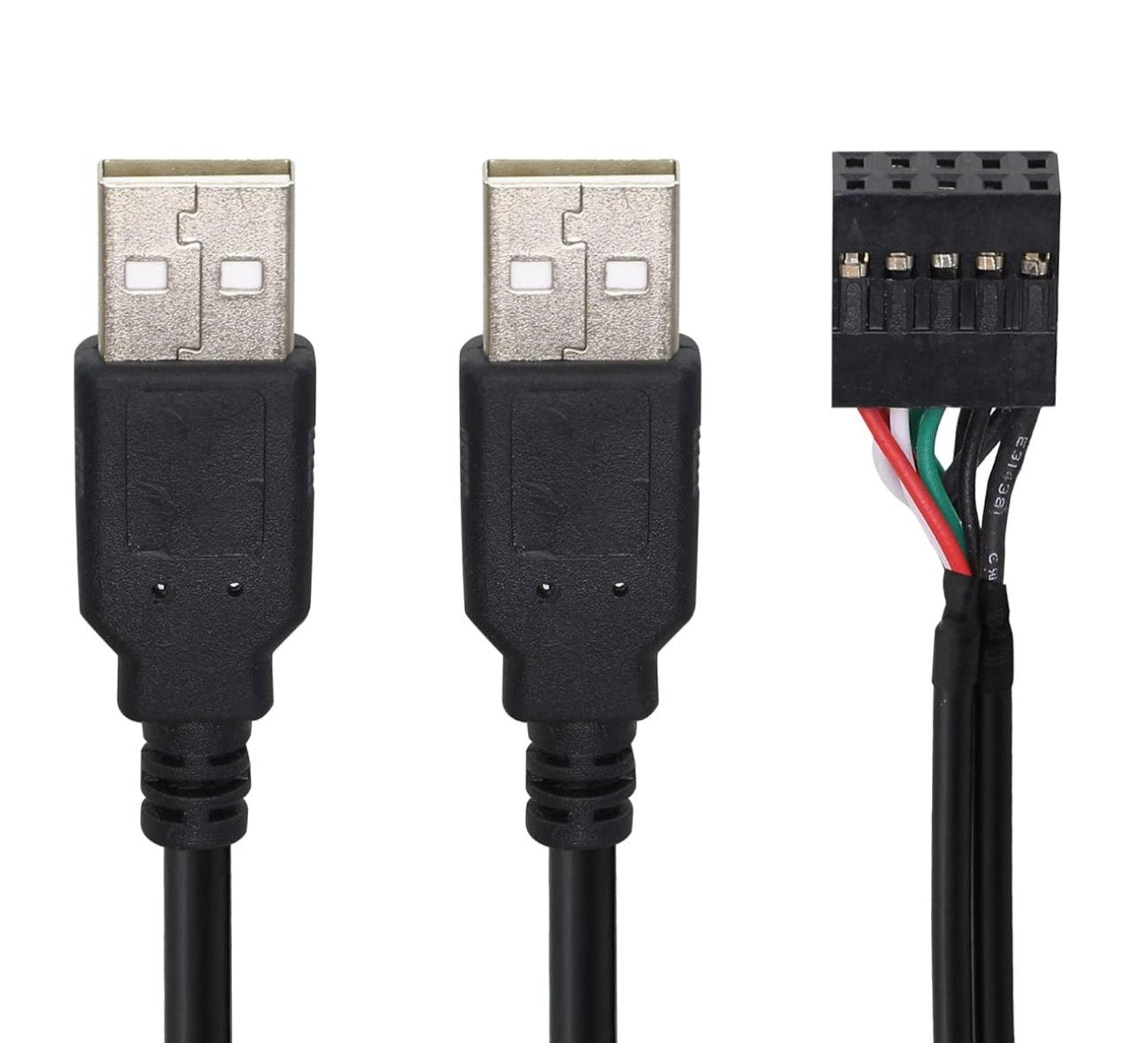 Dual USB 2.0 Type-A male connectors and 10 pin motherboard female header adapter cable