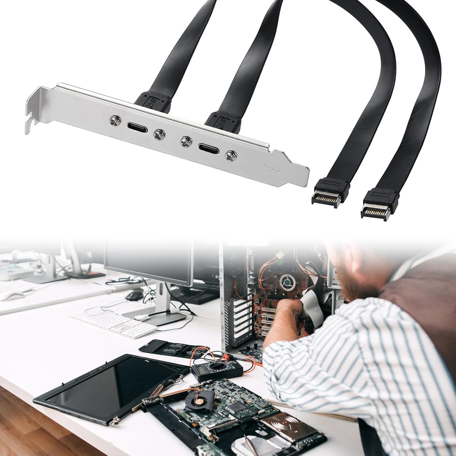 Dual USB-C ports on PCI-E bracket for motherboard Type-E header