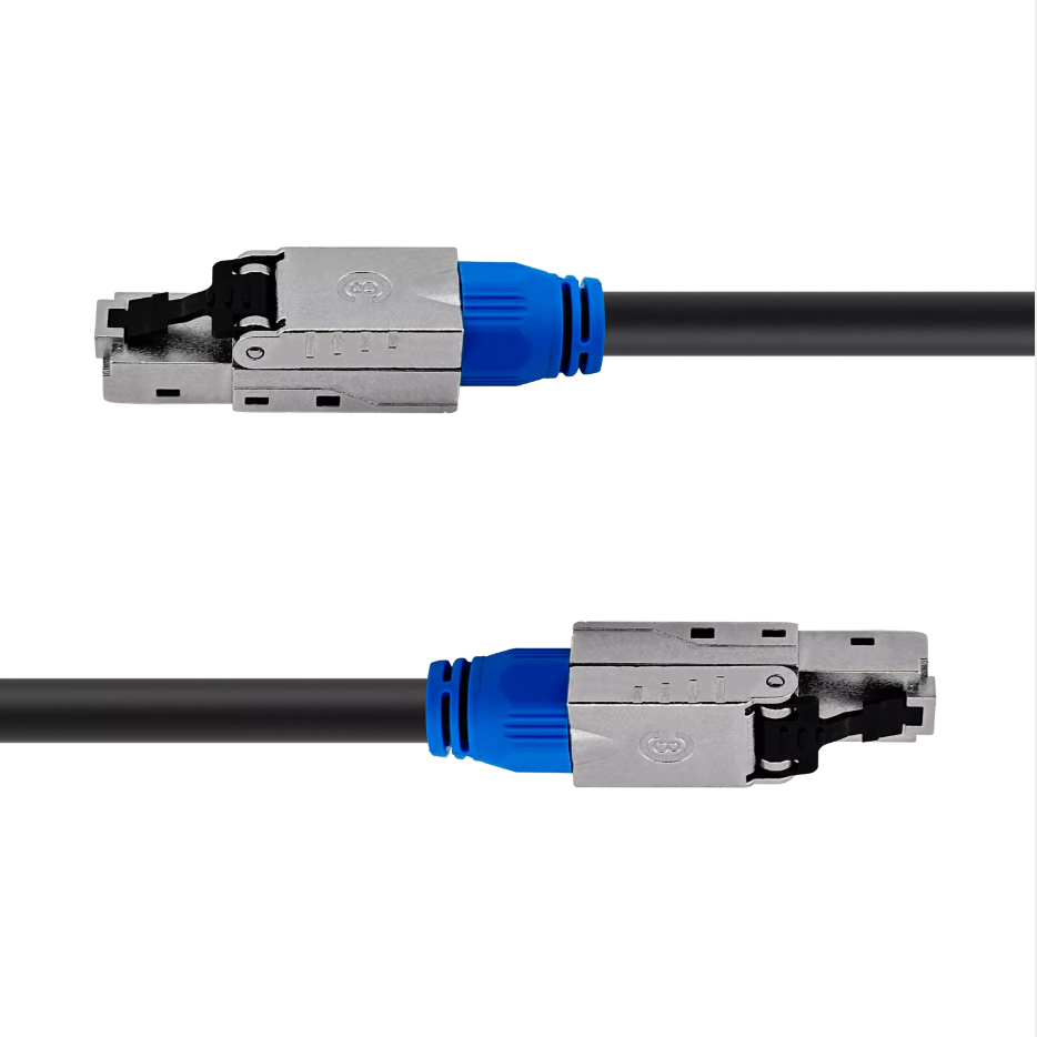 Heavy-duty RJ45 connector on CAT6A industrial Ethernet cable with PUR jacket