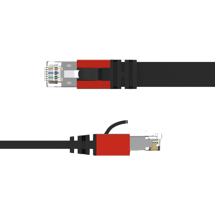 Ethernet cable with black and red jacket on a white background
