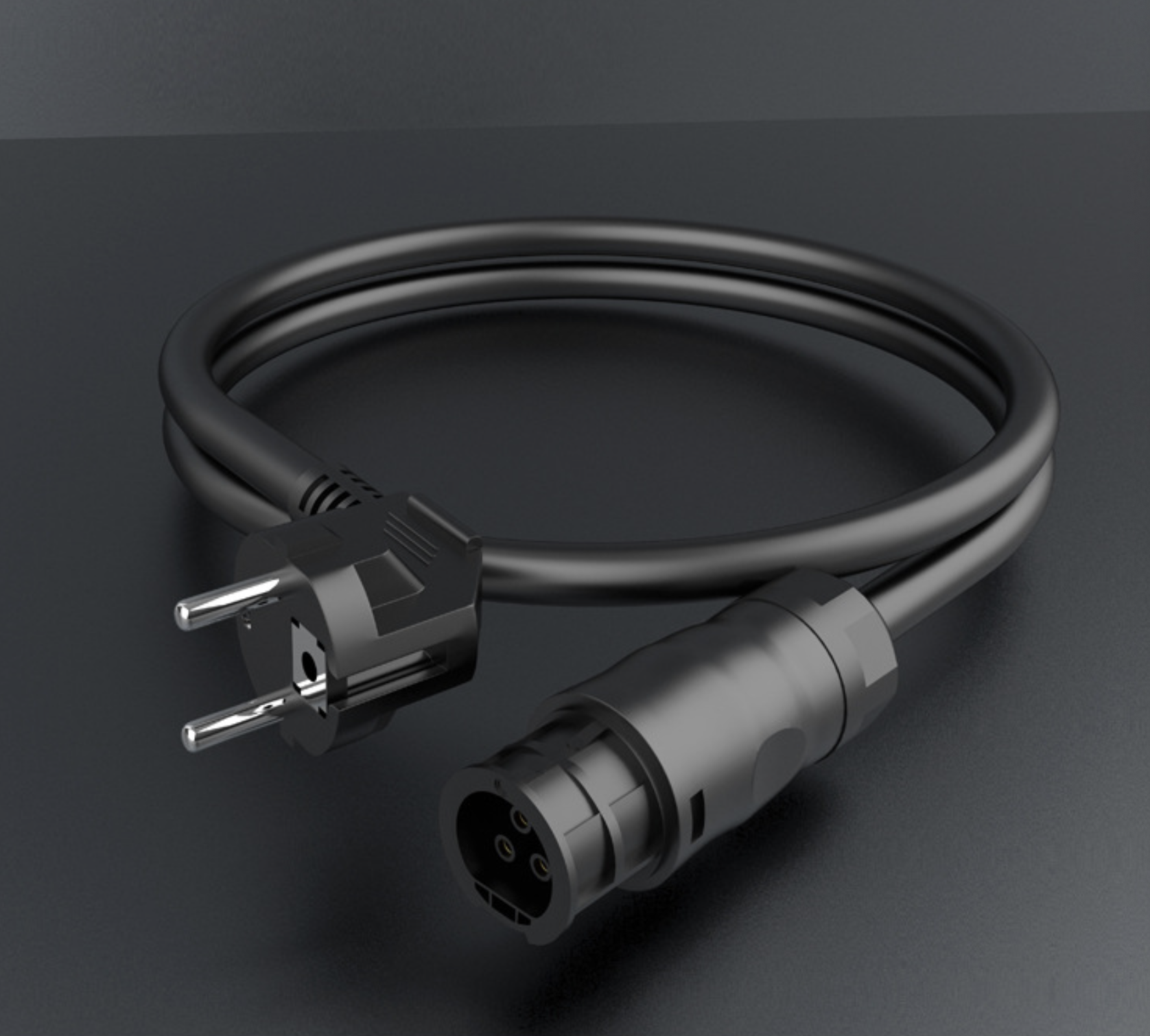 Coiled cable with European plug on a dark background