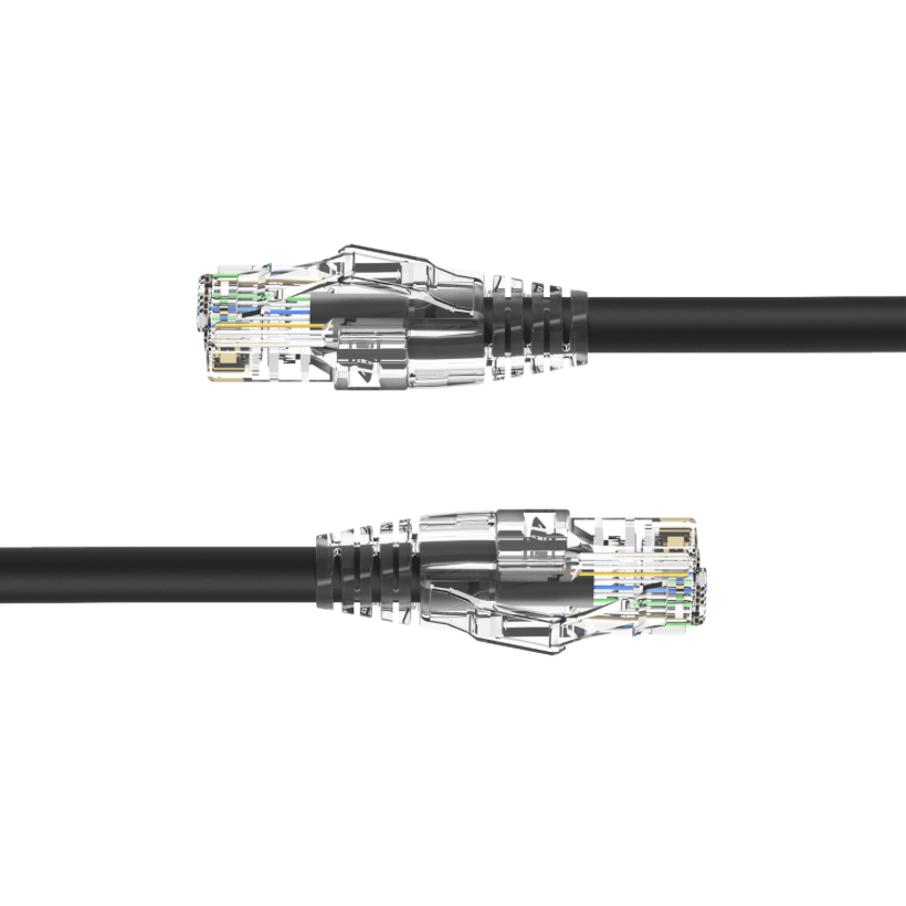 Two black Ethernet cables with clear connectors on a white background