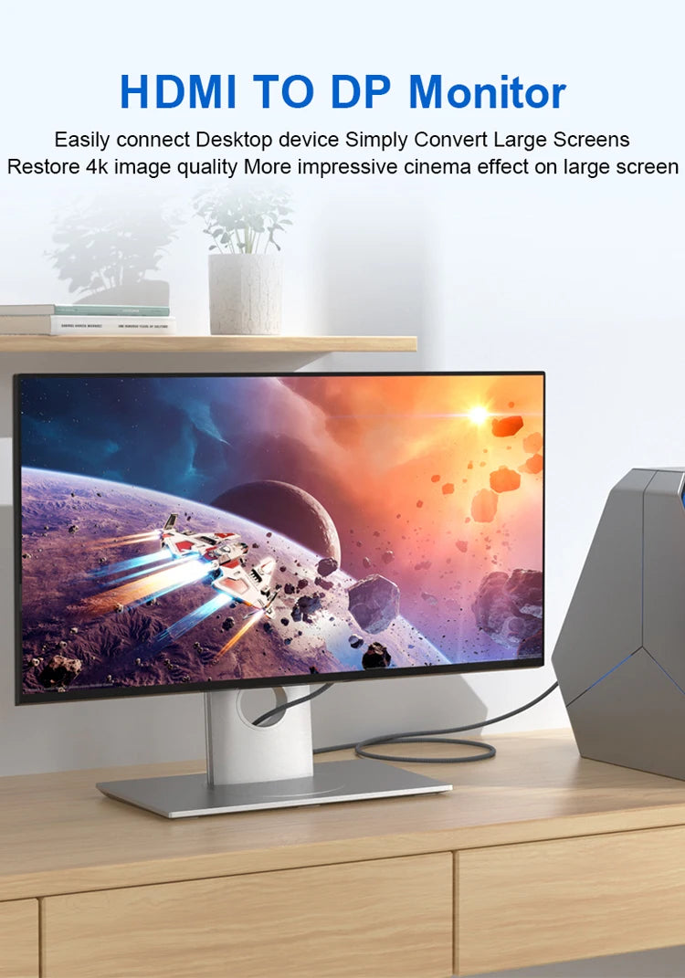 HDMI to DisplayPort adapter connected to monitor display