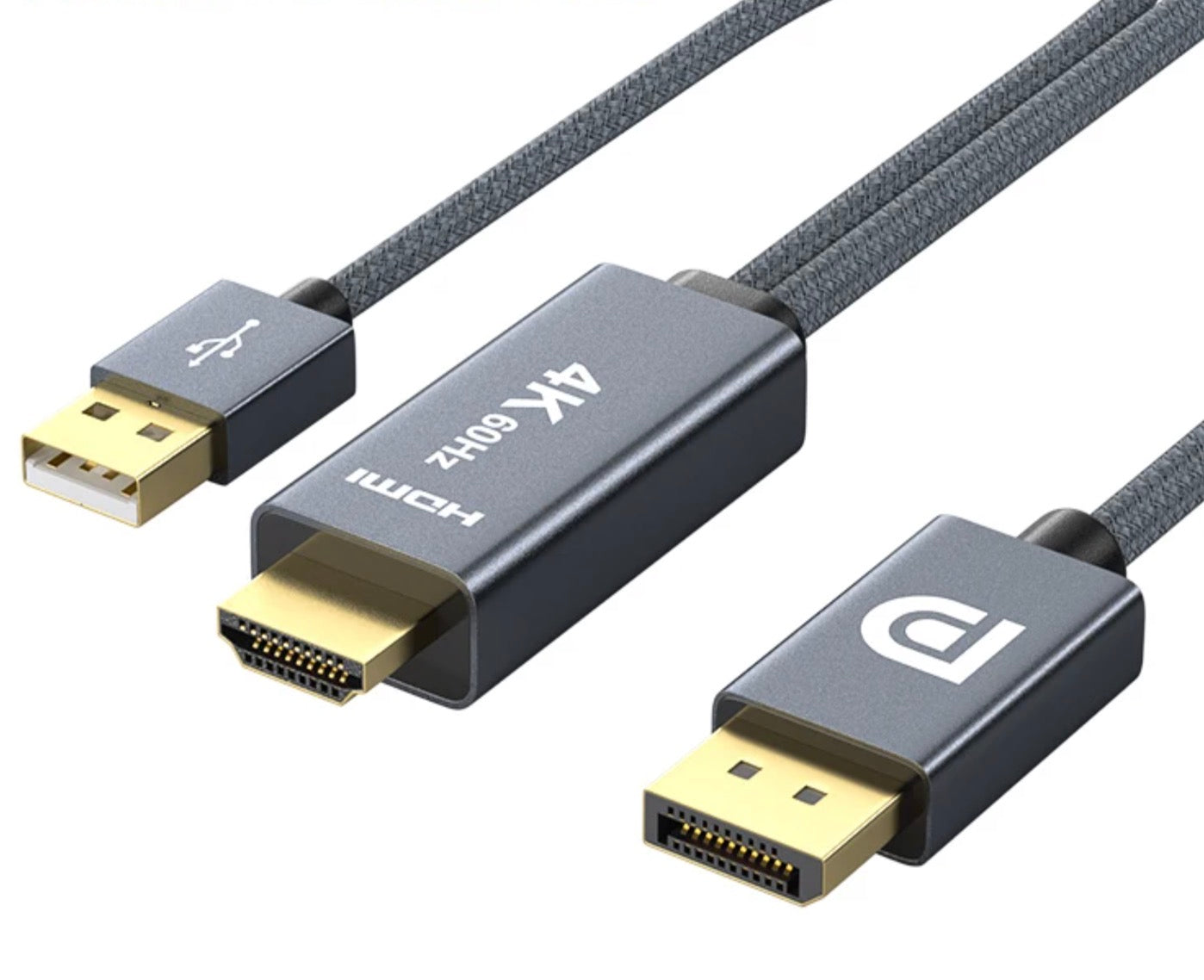 An HDMI to Displayport cable with a USB 2.0 connector, in gray color, showing both the HDMI and USB connectors on the cable.