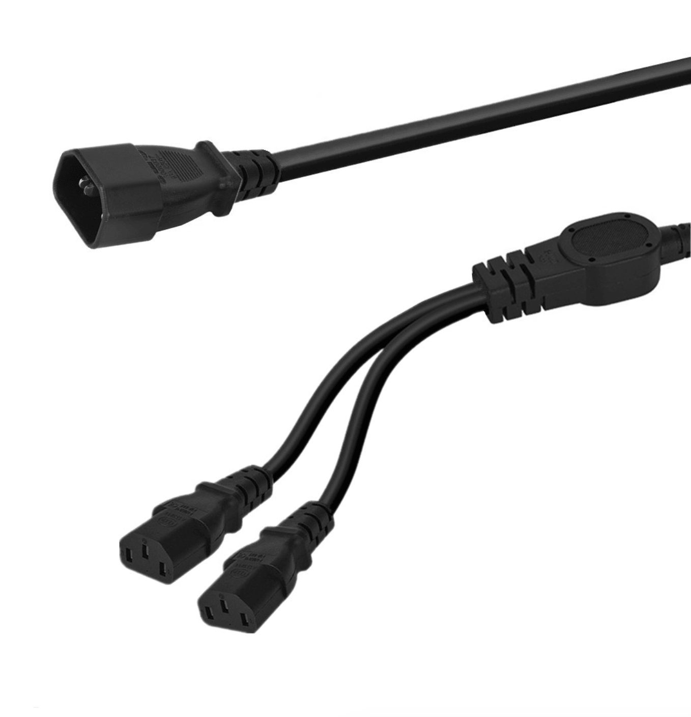 Black power cable with connectors on a white background