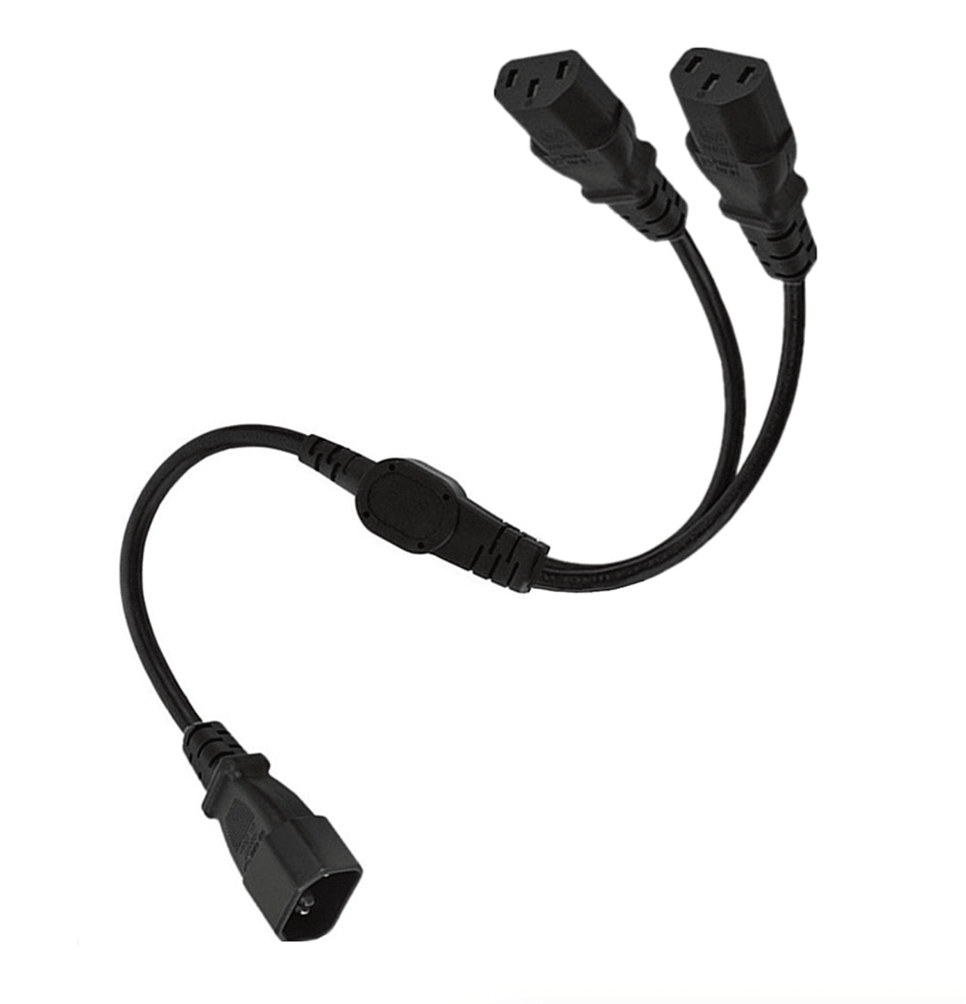 Black electrical cable with three connectors on a white background