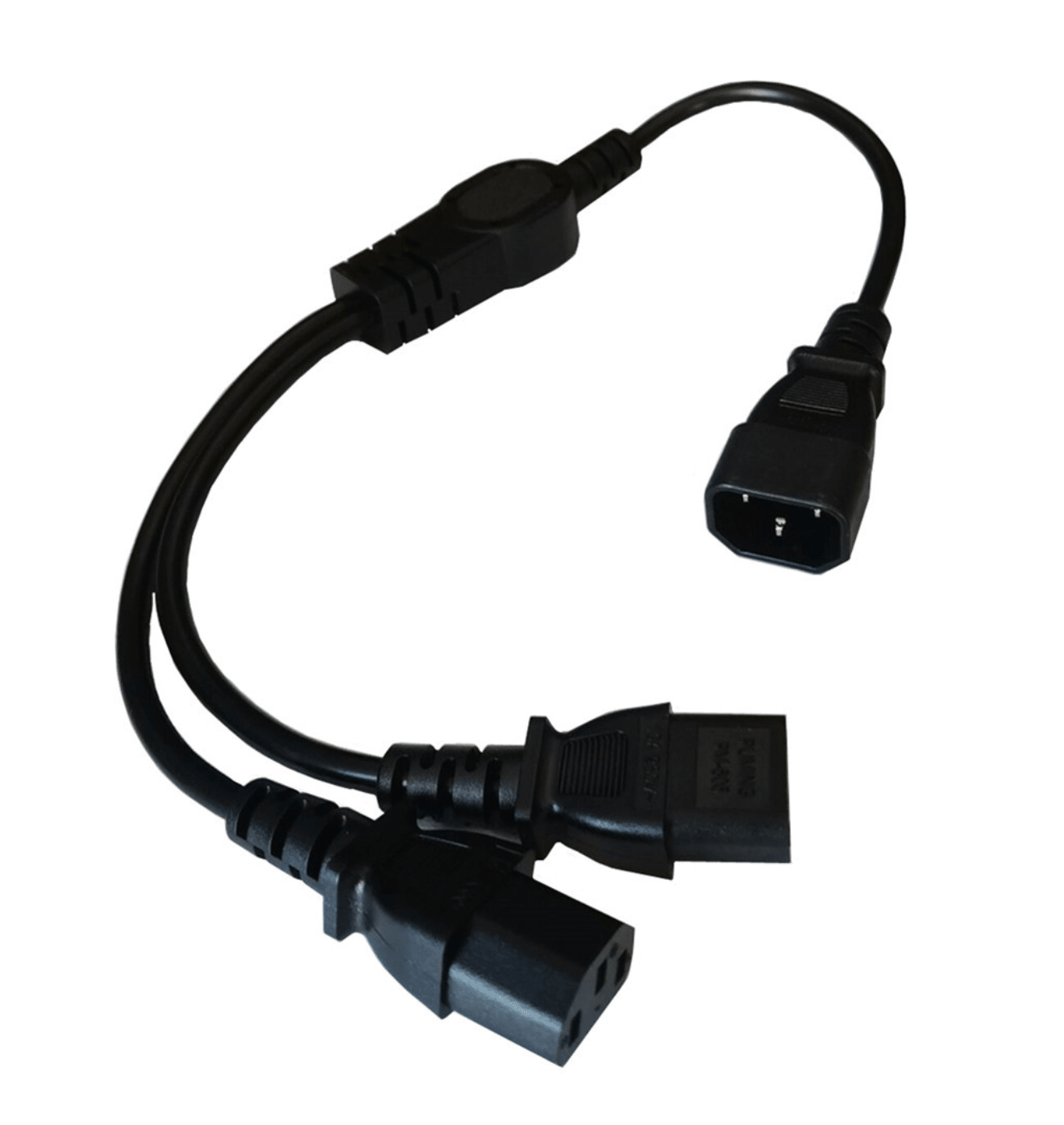 Black electrical cable with three connectors on a white background