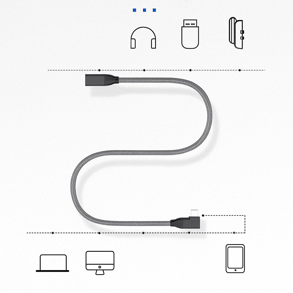 USB-C extension cable with side-elbow connector, 100W PD, 20Gbps data, and 4K support