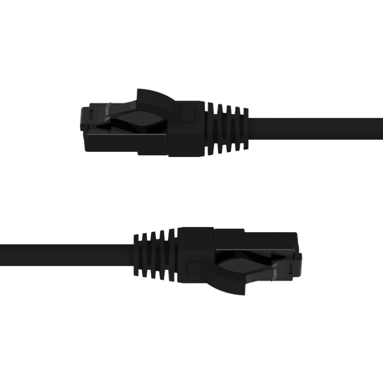 Two black Ethernet cables with connectors on a white background