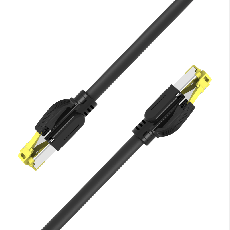 Industrial CAT6A S/FTP 10G Ethernet cable coiled with yellow-shielded RJ45 connectors