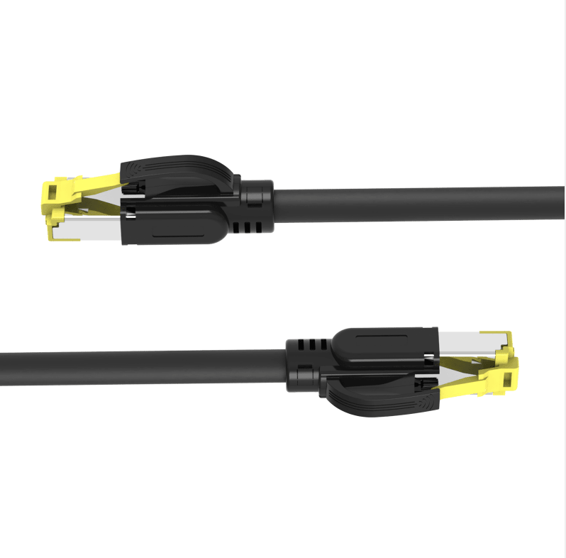 Close-up of shielded RJ45 connector and reinforced strain relief on industrial PUR-jacket CAT6A cable.