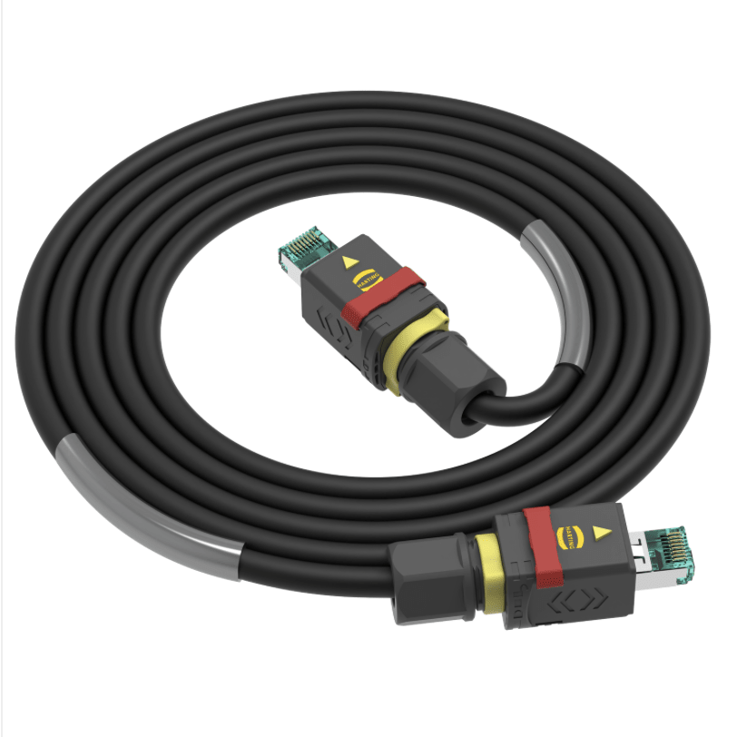 Industrial CAT6A shielded 10G Ethernet cable with Harting connectors and PUR drag chain jacket