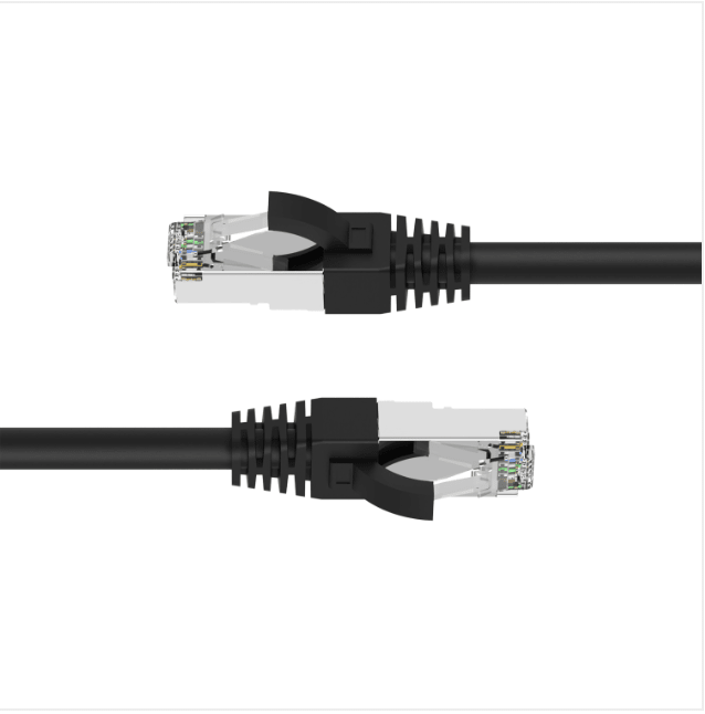 Two black Ethernet cables with connectors on a white background