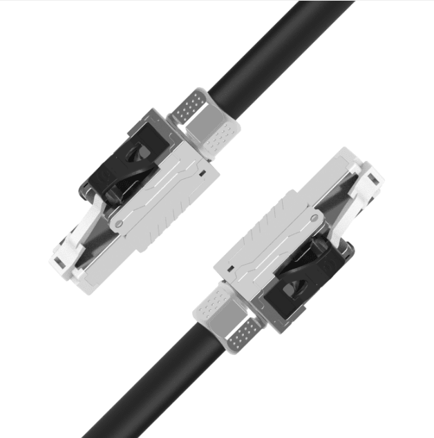 Industrial outdoor CAT6A Ethernet cable assembly with UV-resistant jacket