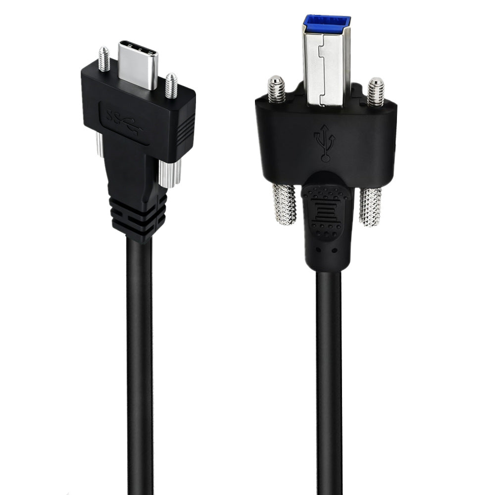 Industrial USB-C to USB 3.0 Type-B cable with locking screws at both ends