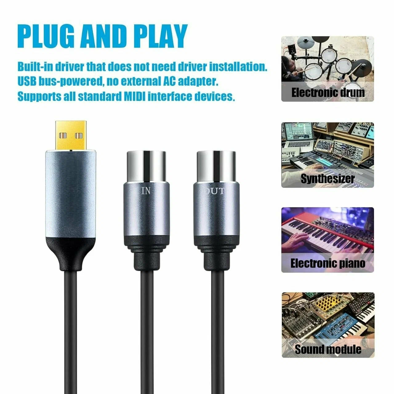 USB to Dual 5-Pin DIN MIDI Cable 1.8m – USB Interface to MIDI In/Out Adapter for Keyboard, Synthesizer & Controller