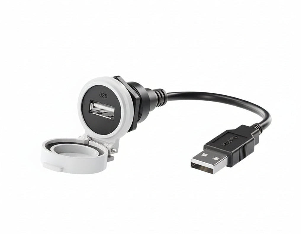 Car charger with USB port and cable on a white background