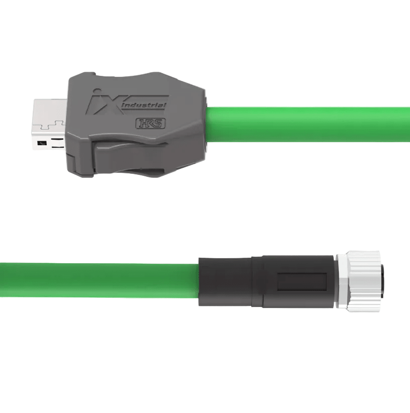 Green cable with a gray connector on a white background