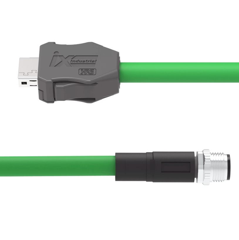 Green CAT6A IX to M12 D-coded male industrial Ethernet cable assembly