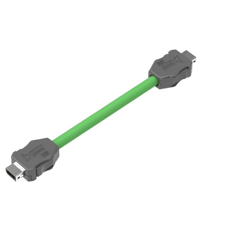 Green cable with gray connectors on a white background