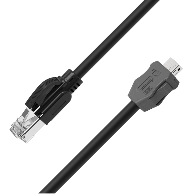 Black Ethernet cable with a gray connector on a white background