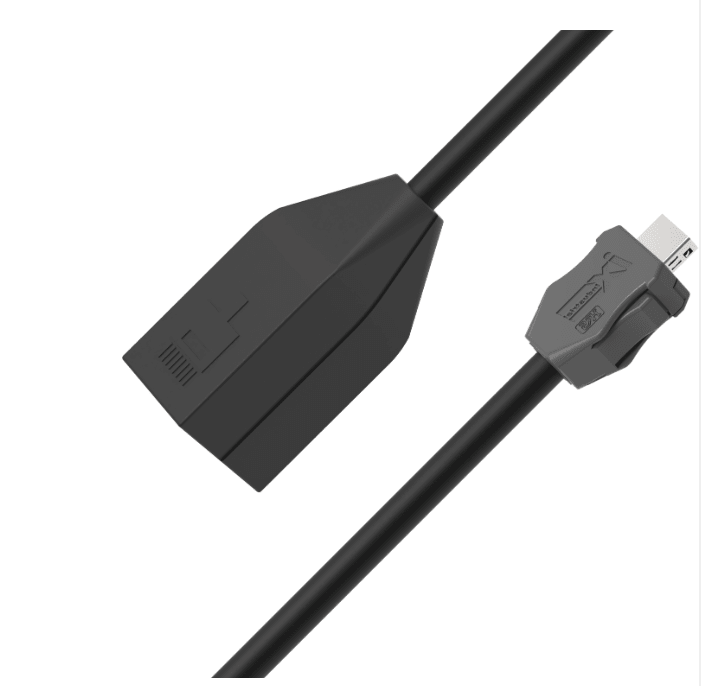 Black ix Industrial CAT6A Ethernet cable with IX B-Key male to RJ45 female connector