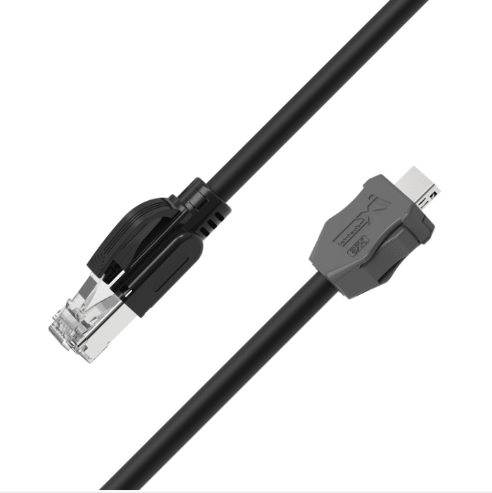 Black ix Industrial CAT6A Ethernet cable with IX B-Key male to RJ45 male connectors