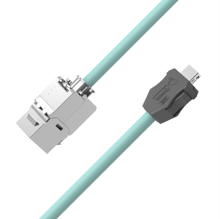 Teal ix Industrial CAT6A Ethernet cable with IX B-Key male to RJ45 keystone jack
