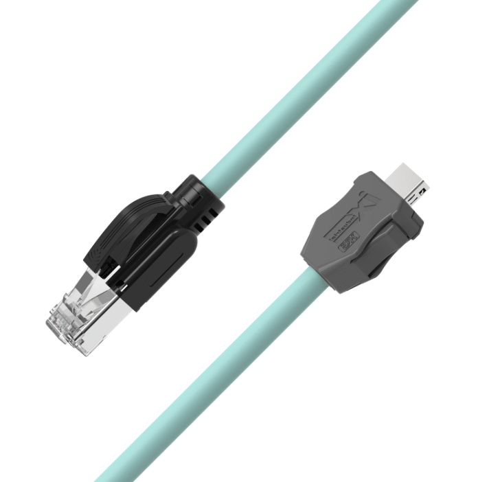 Teal ix Industrial CAT6A Ethernet cable with IX B-Key male to RJ45 male connectors
