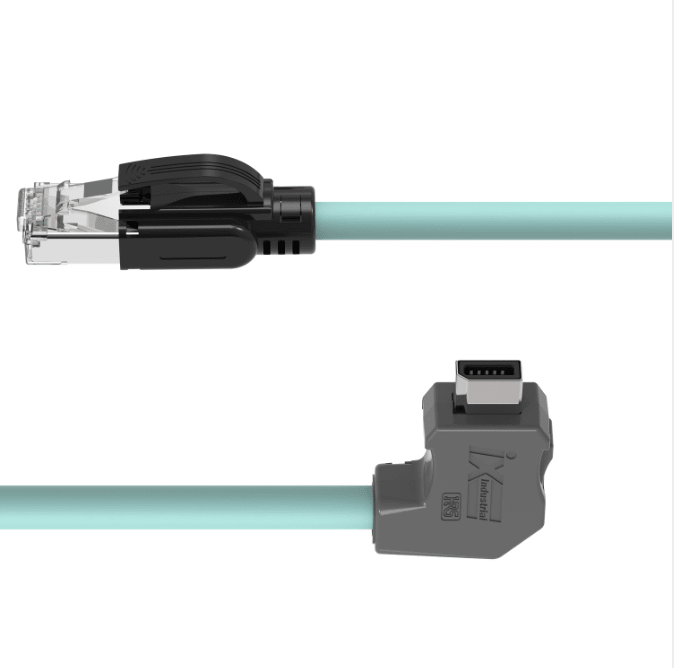 IX Industrial CAT6A Shielded TPE Teal Ethernet Cable – IX A-Key Downward Angled to RJ45 Male