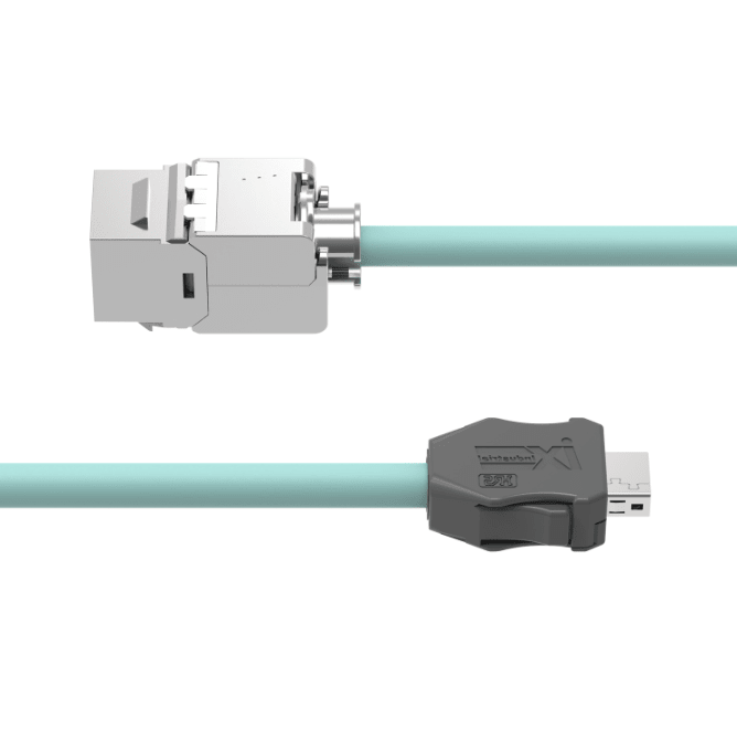 Electrical connector with green cable on a white background