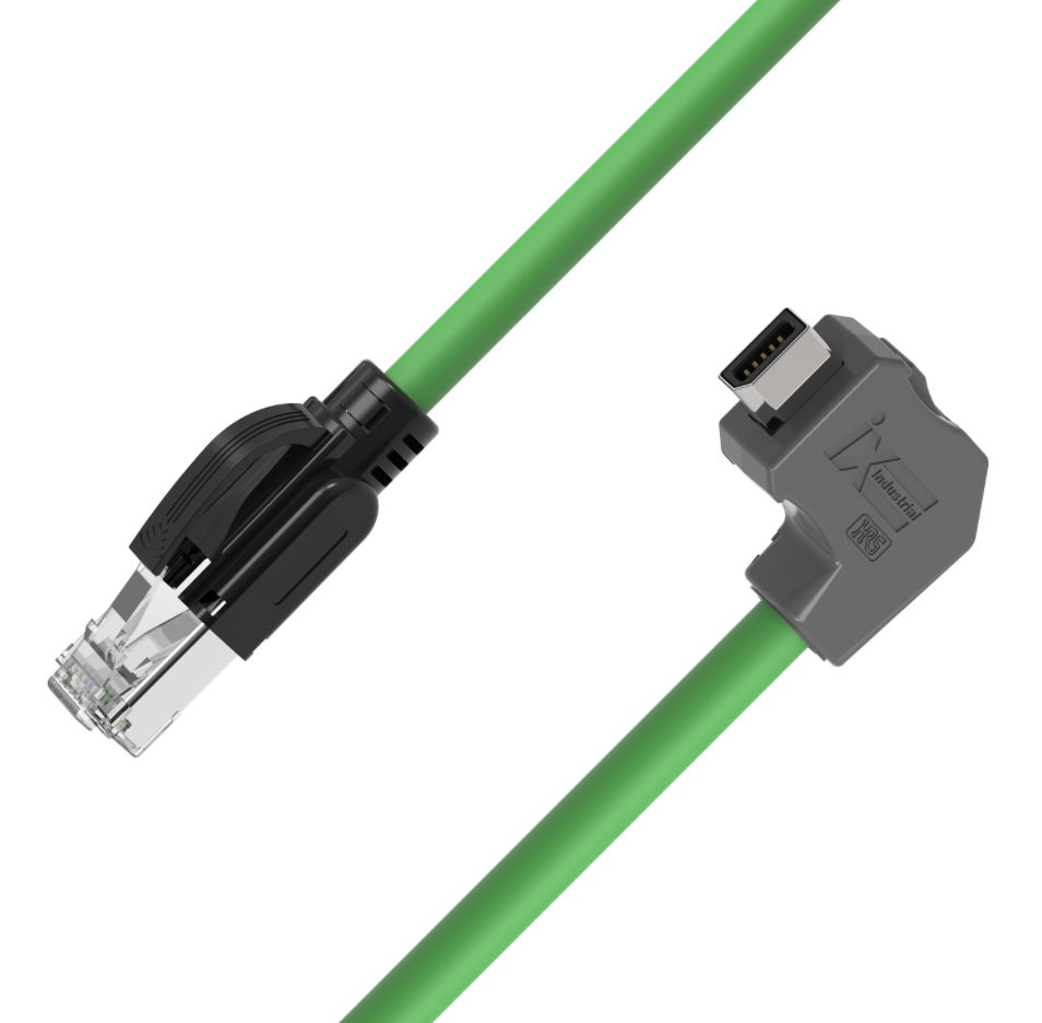 Green Ethernet cable with network connector on a white background