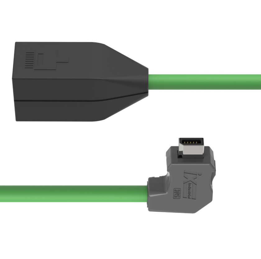 Green cable with black and gray connectors on a white background
