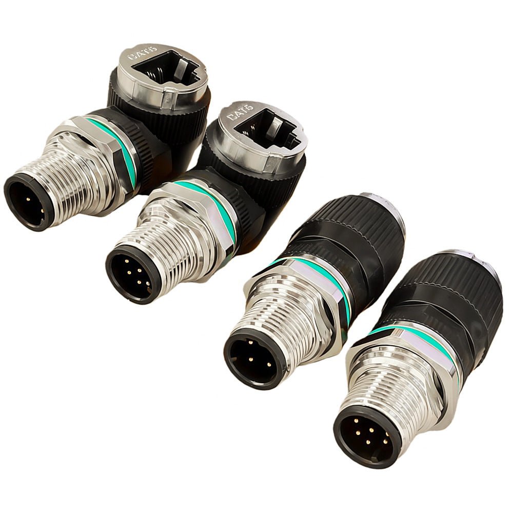 Set of four black and silver connectors on a white background