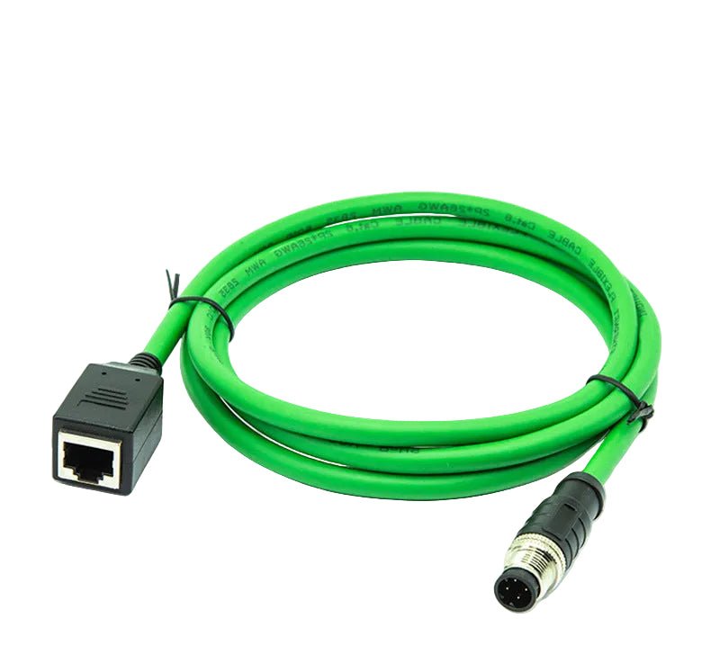 Green cable with Ethernet and sensor connector on a white background