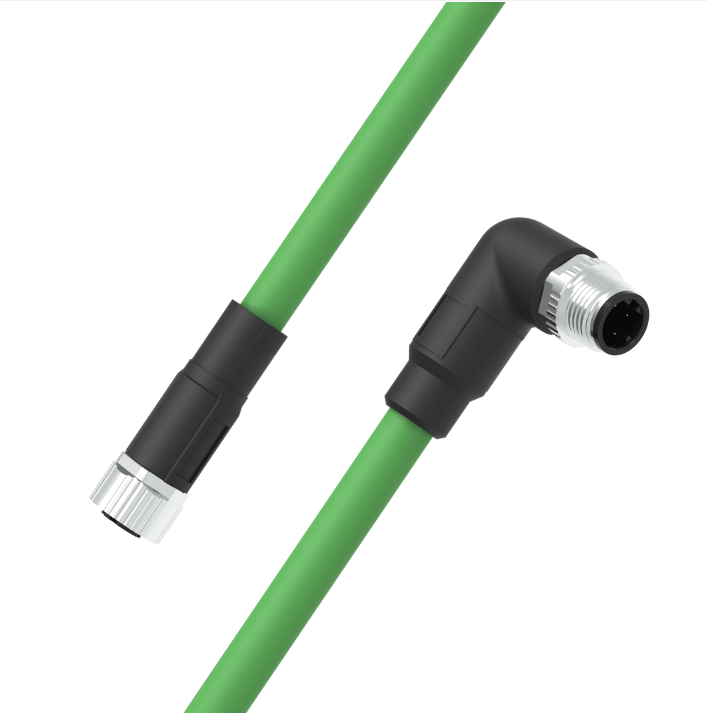 M12 D-coded male right-angle to female straight 4-pin Ethernet cable