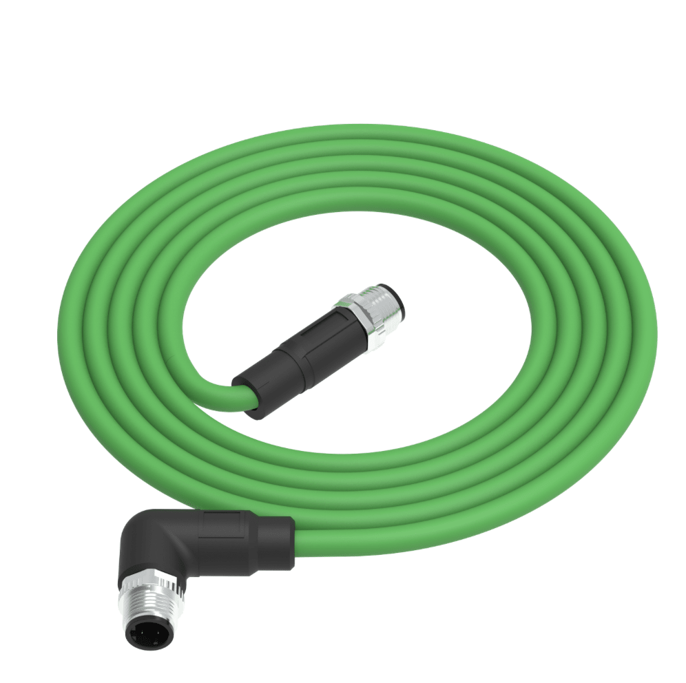 Green garden hose with black connectors on a white background